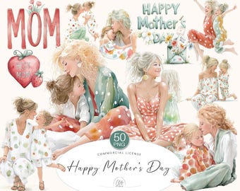 Watercolor Mom and Daughter Clipart: Pastel Mother's Day PNG (Digital Download)