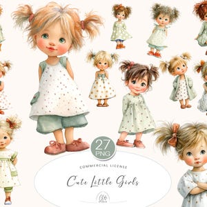 Watercolor Girls Clipart: Pigtails, Dresses, Scrapbooking PNG (Digital Download