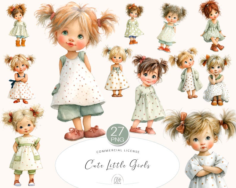 May include: A collection of watercolour illustrations featuring adorable little girls. The girls, with rosy cheeks and pigtails, are dressed in dresses, shorts, and shoes. The image includes the text "Cute Little Girls" and "27 PNG".