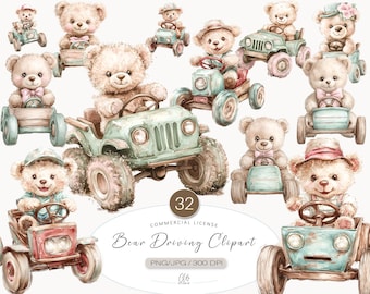 Bear Driving Clipart: Vintage Teddy Cars Illustration (PNG JPG)