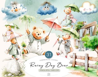 Watercolor Rainy Day Bear Clipart: Nursery Decor Graphics (PNG JPG)