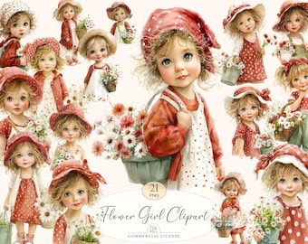 21 Flower Girl Clipart | Watercolor Vintage Girl PNG, Summer Dress & Daisy Basket