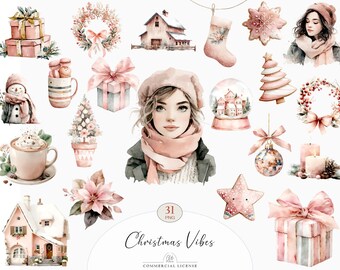 31 Cozy Christmas Clipart | Watercolor Winter Girl PNG, Pink Holiday Illustrations