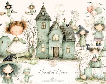 Halloween Clipart Set | Witches, Ghosts, Haunted House (PNG)