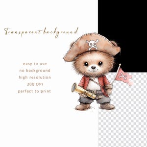 May include: A brown teddy bear dressed as a pirate with a red jacket, a black belt, and a brown pirate hat with a skull and crossbones. The bear is holding a golden telescope and a red pirate flag with a skull and crossbones.