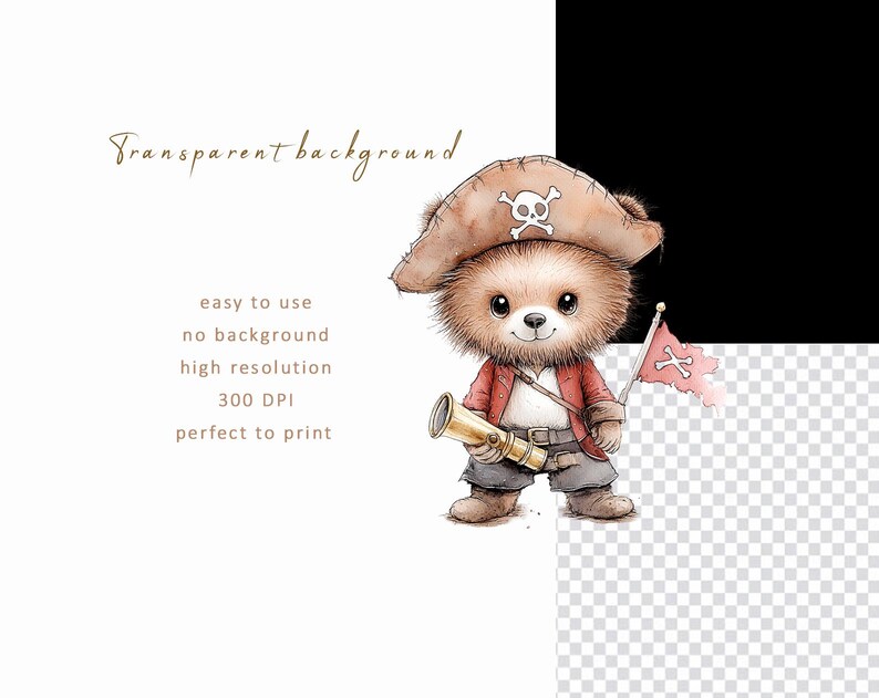 May include: A brown teddy bear dressed as a pirate with a red jacket, a black belt, and a brown pirate hat with a skull and crossbones. The bear is holding a golden telescope and a red pirate flag with a skull and crossbones.