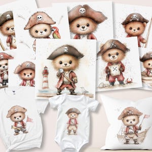 May include: A set of ten digital illustrations featuring cute cartoon bears dressed as pirates. The bears are wearing pirate hats, holding swords, and sailing on a ship. The illustrations are perfect for creating personalised products like t-shirts, mugs, and phone cases.