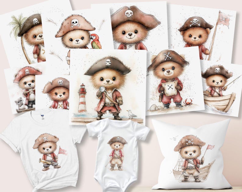 May include: A set of ten digital illustrations featuring cute cartoon bears dressed as pirates. The bears are wearing pirate hats, holding swords, and sailing on a ship. The illustrations are perfect for creating personalised products like t-shirts, mugs, and phone cases.