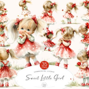 以下が含まれることがあります： 赤と白のドット柄のドレスを着たかわいい女の子のデジタルイラスト35点セット。女の子はそれぞれ髪型や表情が違います。イラストは、カード、招待状、スクラップブックのページ、その他のクラフトプロジェクトの作成に最適です。
