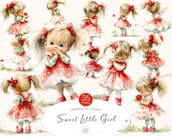 Watercolor Girl and Dog Clipart: Red Dress Nursery Art (35 PNG, Instant Download)