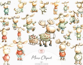 41 Christmas Moose Clipart | Cute Winter Animal PNG, Watercolor Holiday Reindeer Set