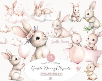 Easter Bunny Clipart Set: Pink Pastel Rabbit Illustrations (PNG JPG)