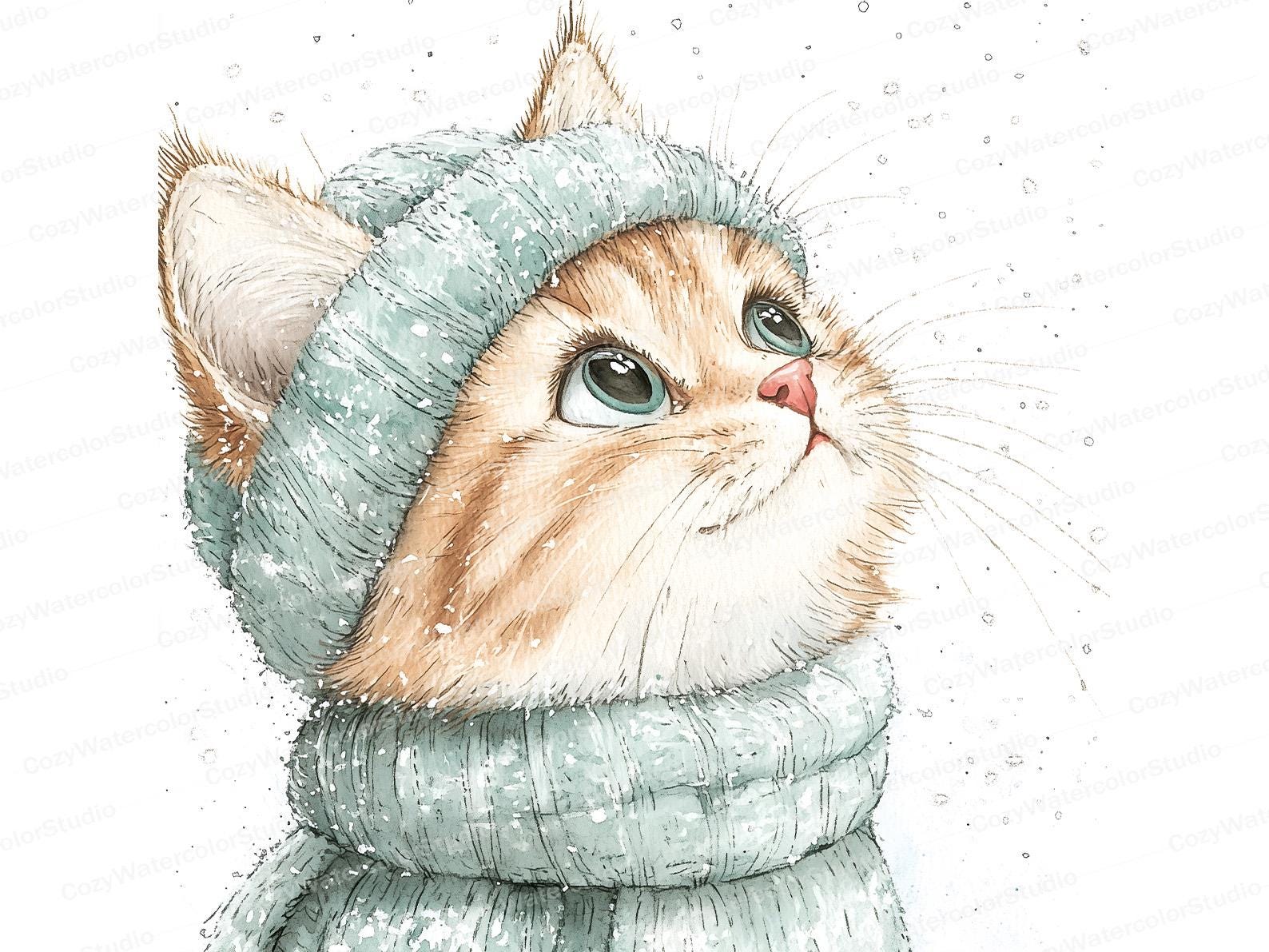 Winter Kitten Clipart: Watercolor Cat Illustration (digital Download ...