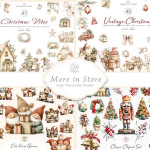 Pode incluir: Ilustra&ccedil;&otilde;es em aquarela de temas natalinos, incluindo Papai Noel, gnomos, &aacute;rvores de Natal e ornamentos. A imagem apresenta os textos "Christmas Vibes", "Vintage Christmas", "Cute Xmas Gnomes" e "Classic Clipart Set".