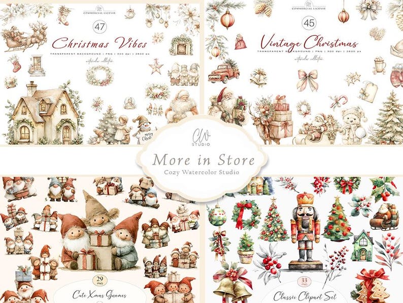 Pode incluir: Ilustra&ccedil;&otilde;es em aquarela de temas natalinos, incluindo Papai Noel, gnomos, &aacute;rvores de Natal e ornamentos. A imagem apresenta os textos "Christmas Vibes", "Vintage Christmas", "Cute Xmas Gnomes" e "Classic Clipart Set".