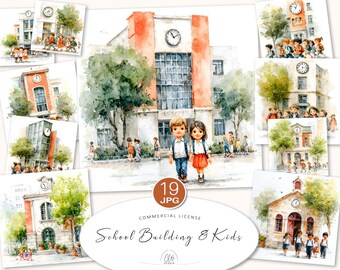 Watercolor School Clipart: Back to School Illustrations (19 JPGs, 300 DPI)