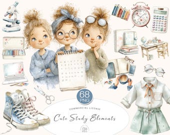 Watercolor School Clipart: Girls, Stationery, and Planner Graphics (PNG Download)