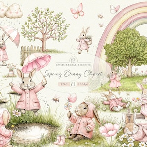 Frühling Hase Clipart - Aquarell Ostern PNG - Niedliche Kaninchen in den Regenmänteln, Regenbogen, Blumen & Regenschirmen - Digitaler Download