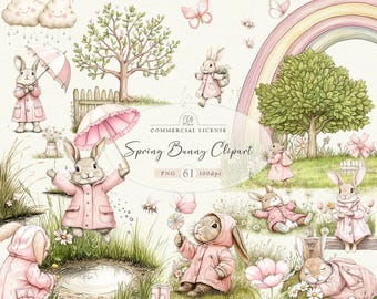 Watercolor Spring Bunny Clipart – Easter Rabbits, Flowers (Digital Download)