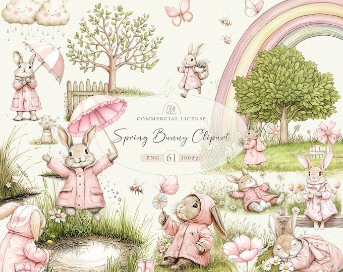Featured listing image: Watercolor Spring Bunny Clipart – Easter Rabbits, Flowers (Digital Download)