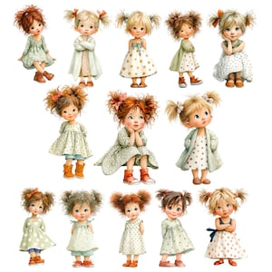May include: A collection of watercolour illustrations featuring young girls in various poses. The girls are dressed in dresses, coats, and shoes, with a colour scheme of soft greens, whites, and oranges. The illustrations have a whimsical and charming style.