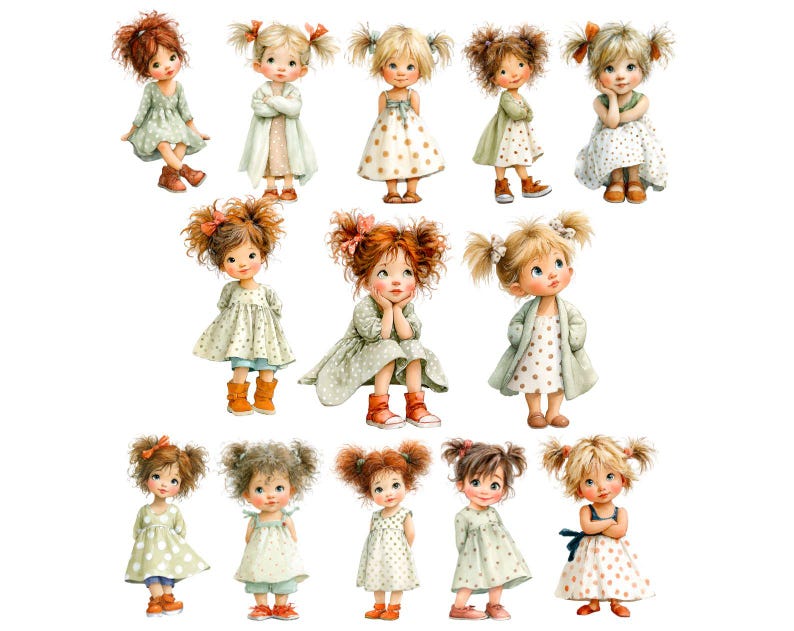 May include: A collection of watercolour illustrations featuring young girls in various poses. The girls are dressed in dresses, coats, and shoes, with a colour scheme of soft greens, whites, and oranges. The illustrations have a whimsical and charming style.