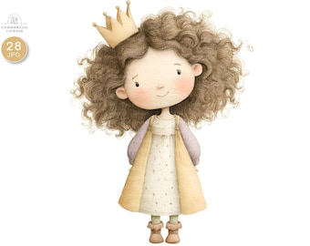 28 JPG Watercolor Princess Clipart – Cute Little Girl with Crown Illustration, Nursery Wall Art, Baby Shower Decor, Scrapbooking, Set