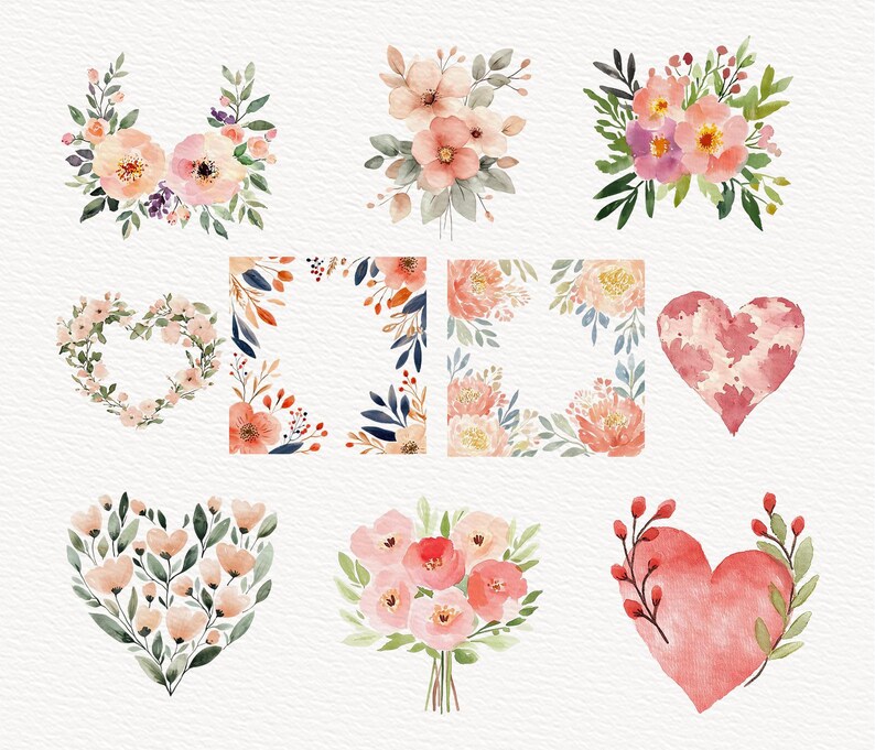 Floral Valentine Watercolor Clipart Set | 25 PNG Romantic Elements ...