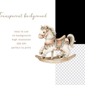 Pode incluir: Ilustra&ccedil;&atilde;o em aquarela de um cavalo de baloi&ccedil;o creme e bege com uma sela vermelha e bege. O texto "Transparent background" e outros detalhes est&atilde;o no canto superior esquerdo.