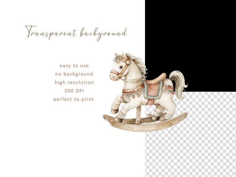 Pode incluir: Ilustra&ccedil;&atilde;o em aquarela de um cavalo de baloi&ccedil;o creme e bege com uma sela vermelha e bege. O texto "Transparent background" e outros detalhes est&atilde;o no canto superior esquerdo.