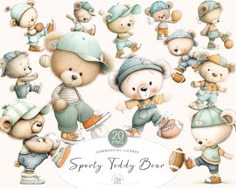 Sporty Teddy Bear Clipart: Pastel Athletic Bears (20 PNG, Digital Download)