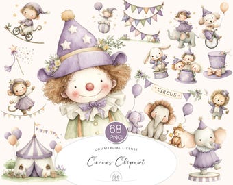 Watercolor Circus Clipart: Carnival Animals, Tents, Clowns (PNG Digital Download)