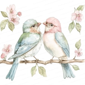Clipart aquarelle de tourtereaux | Art numérique branche florale | Illustration d'oiseaux romantiques pour projets de bricolage 8 JPG