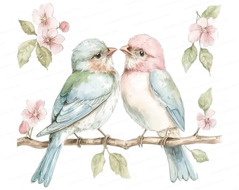 Watercolor Lovebirds Clipart: Floral Branch Art (JPG)