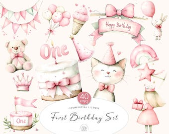 First Birthday Girl Clipart Set: Pink Party Decorations (PNG, Digital Download)