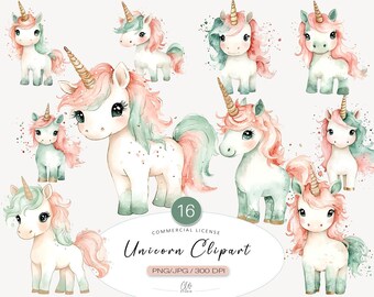 Watercolor Unicorn Clipart: Pastel Nursery Art (PNG JPG, 300 DPI)