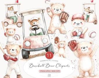 Baseball Bear Clipart Set | Watercolor Sports Illustrations (PNG JPG)