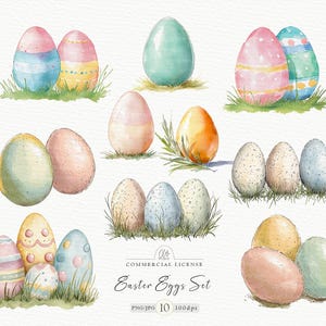May include: A set of 10 watercolor Easter egg illustrations. The eggs are painted in various colors and patterns, including blue, green, pink, yellow, and white. Some eggs have stripes, polka dots, or other designs. The eggs are arranged in a variety of positions, some are standing upright, some are lying down, and some are overlapping. The eggs are all surrounded by green grass.