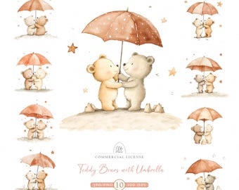 Watercolor Teddy Bears Clipart: Romantic Umbrella Bears (Digital Download)