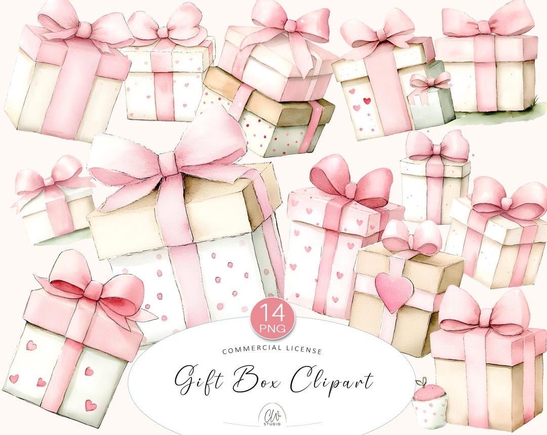 14 Gift Box Clipart | Pink Watercolor PNG Presents With Bows & Hearts ...