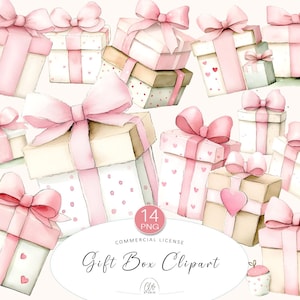 14 Geschenk Box Clipart | Rosa Aquarell PNG Geschenke mit Bögen & Herzen | Sofort Download