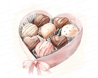 Watercolor Chocolate Box Clipart: Heart Shape, Valentine's Art (JPG Digital Download)