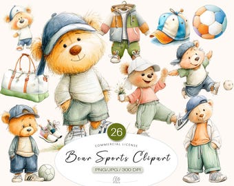 Bear Sports Clipart: Teddy Bears Playing Soccer (PNG JPG, Instant Download)