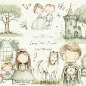 Märchen Clipart - Prinzessin und Prinz PNG Set - Niedliche Schloss Illustrationen - Königliche Thema Digitale Aufkleber - Fantasy Kunst für Kinder