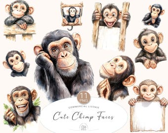11 Monkey PNG Cliparts | Cute Baby Chimp Faces for Jungle Party, Safari Nursery, Scrapbooking, Wall Art, Cards & Baby Decor