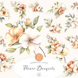 20 Cliparts Florais PNG | Buquês de Flores em Aquarela para Convites de Casamento, Cartões de Outono, Scrapbooking, Decoração Vintage, Arte de Parede