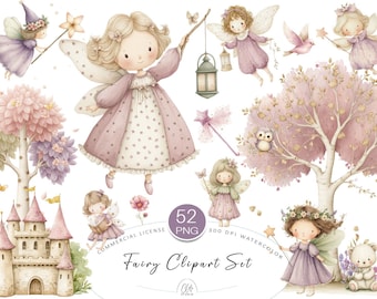 Watercolor Fairy Clipart Set: Magic Castle, Wand, Nursery Art (PNG, Digital Download)