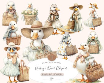 Vintage Duck Clipart: Cottagecore Ducks in Dresses (PNG JPG Digital Download)