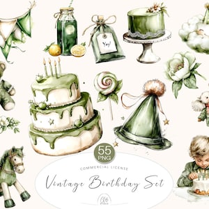 Pacote com 55 cliparts verdes de aniversário | Elementos vintage para festa em estilo aquarela | Download instantâneo