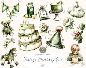 55 Green Birthday Clipart Bundle | Vintage Party Elements in Watercolor Style | Instant Download